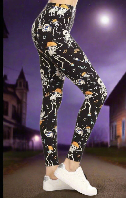 Womens Halloween Skeleton Pirate Leggings, Adult Pirate Costumer, Soft Yoga Pants, Sizes 18-22, No-Roll Waist, Black/Orange Leggings MomMe and More 