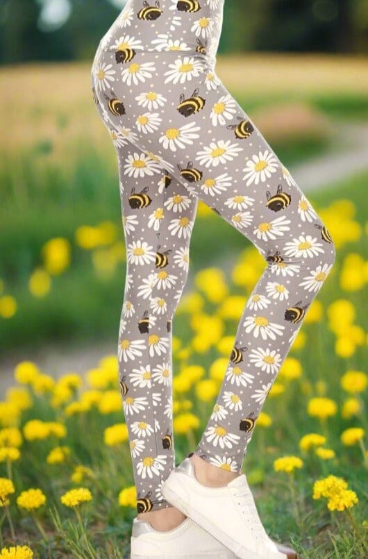 Womens Daisy Bee Leggings, Soft Yoga Pants, Sizes 0-20, Yoga Waist, Gray/Yellow Leggings MomMe and More 