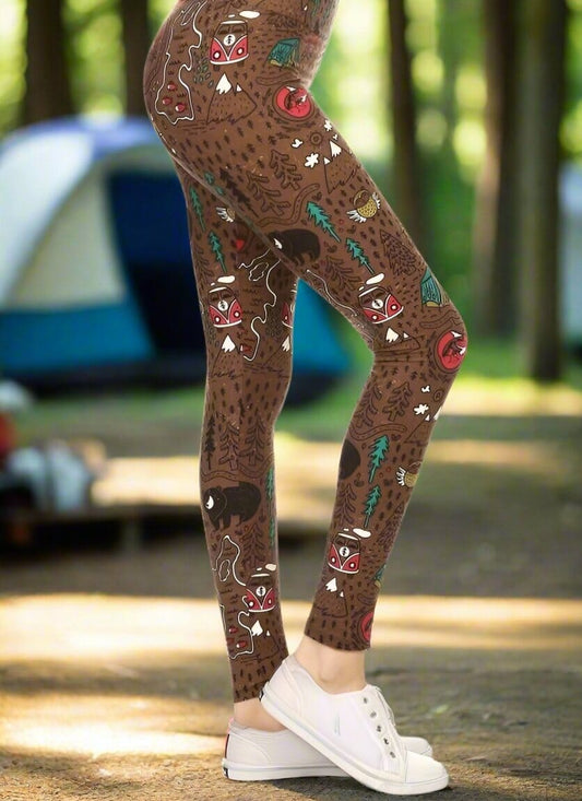 Womens Camper Bear Fox Owl Leggings, Soft Yoga Pants, Sizes 18-22, No-Roll Waist, Brown Leggings MomMe and More 