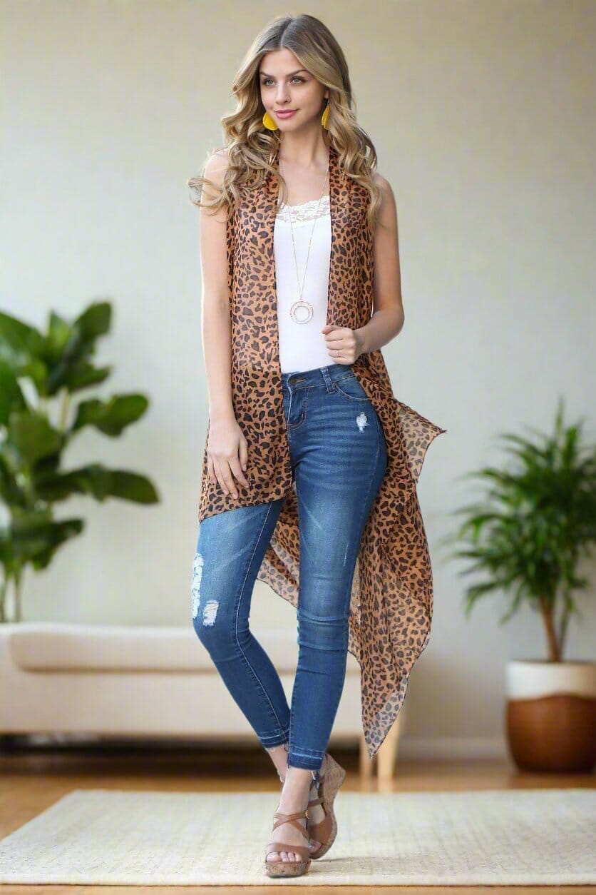 Womens Leopard Cheetah Kimono, Sleeveless Vest, Open Front Cardigan, One Size, Brown/Black Cardigan MomMe and More 