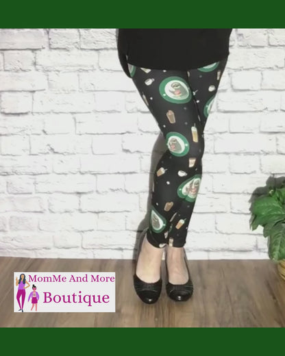 Womens Sloth Coffee Donut Leggings, Soft Yoga Pants, Sizes OS/TC, Black/Green, Exclusive Leggings