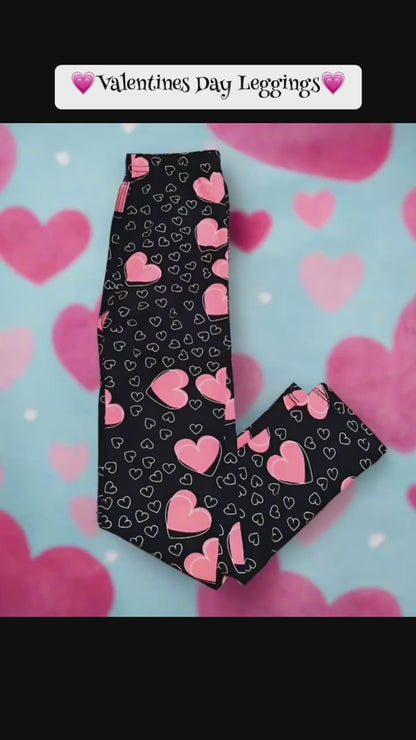 Girls Valentines Day Heart Leggings, Kids Yoga Pants, Sizes S/L, No-Roll Waist, Pink