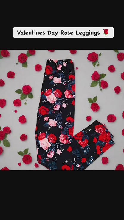 Girls Valentines Day Red Rose Leggings, Kids Yoga Pants, Sizes S/L, No-Roll Waist, Red/Black