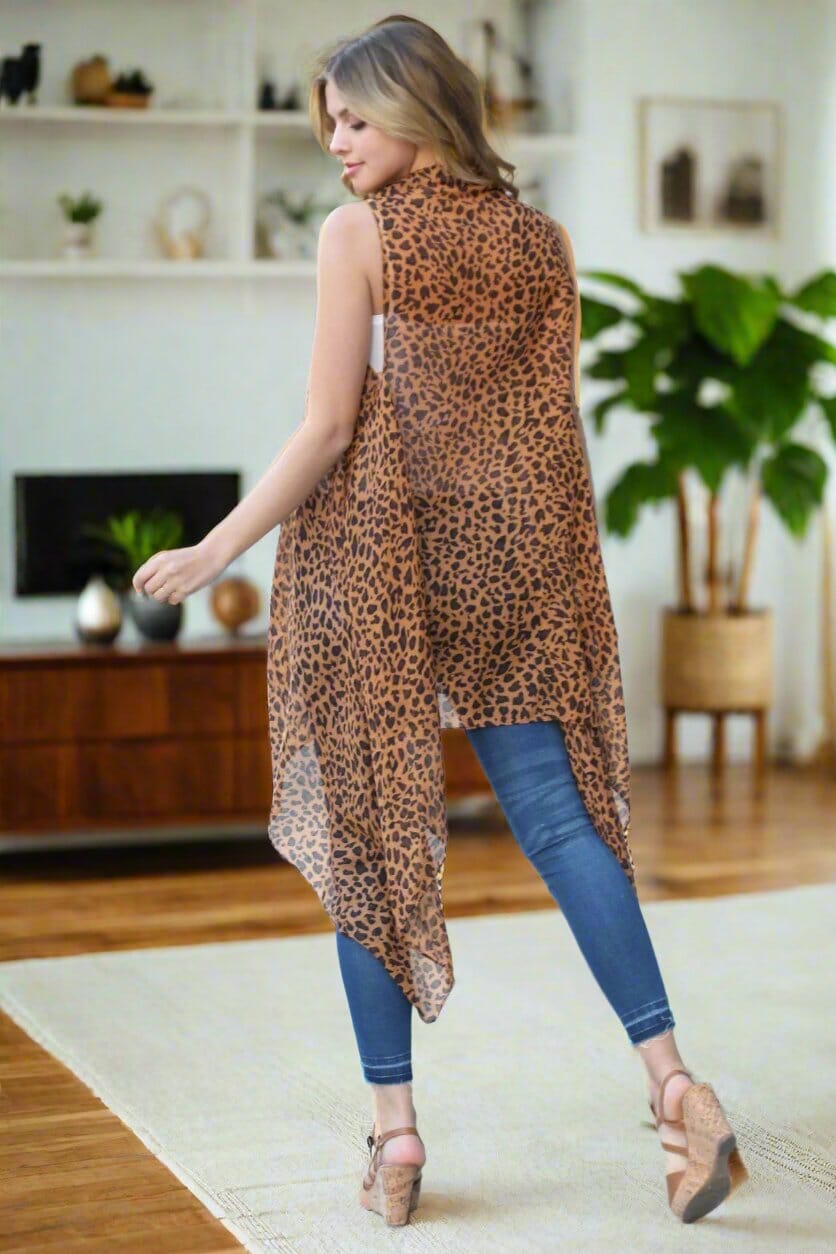 Womens Leopard Cheetah Kimono, Sleeveless Vest, Open Front Cardigan, One Size, Brown/Black Cardigan MomMe and More 