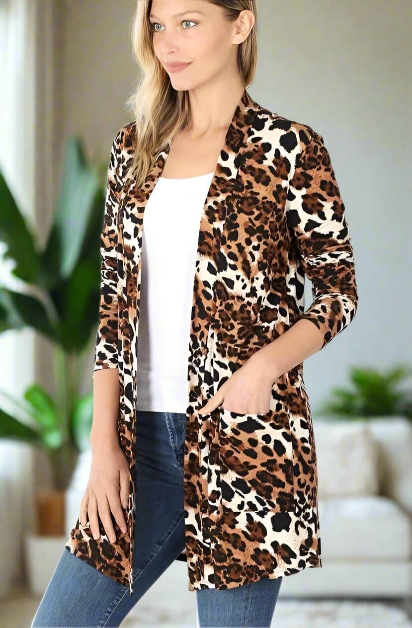 Womens Cheetah Leopard Cardigan, Plus Sizes 1xl/2xl/3xl, Brown/Black/White Cardigan MomMe and More 