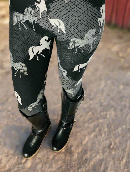 Womens Black Horse Leggings, Soft Yoga Pants, Size 18-22, Black/White Leggings MomMe and More 