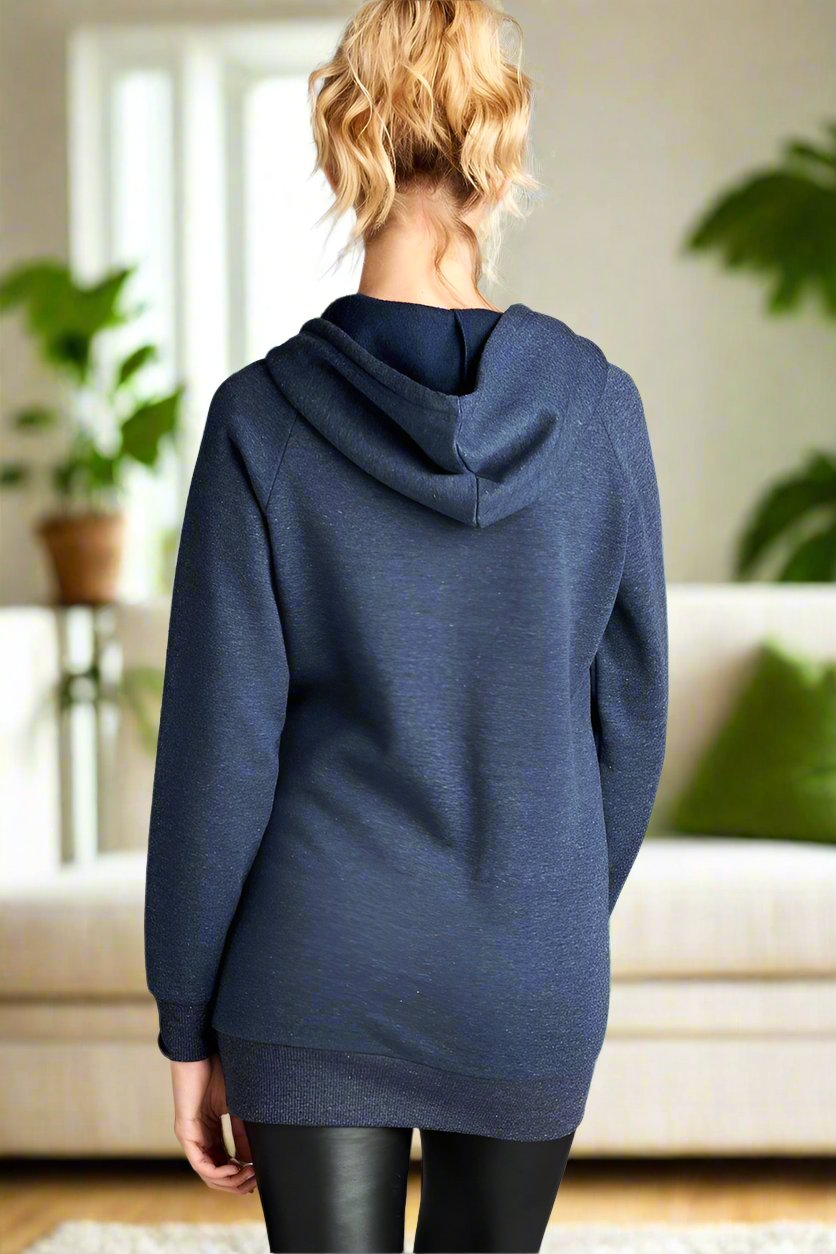 Womens Navy Blue Hoodie Sweatshirt Front Pockets Pull Over Sizes S M L Solid Blue