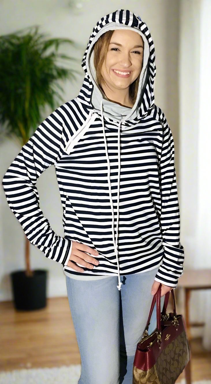 Womens Black White Hoodie Long Sleeve Shirt Striped Sweatshirt